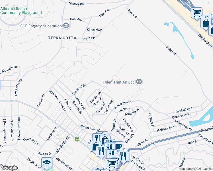 map of restaurants, bars, coffee shops, grocery stores, and more near Gunder Avenue in Lake Elsinore