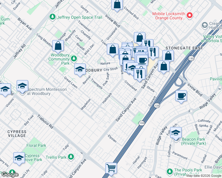 map of restaurants, bars, coffee shops, grocery stores, and more near 115 Towngate in Irvine