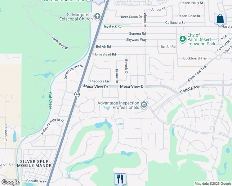 map of restaurants, bars, coffee shops, grocery stores, and more near 48571 North View Drive in Palm Desert