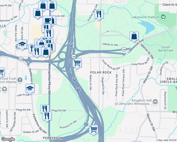 map of restaurants, bars, coffee shops, grocery stores, and more near 2173 Nelms Drive Southwest in Atlanta