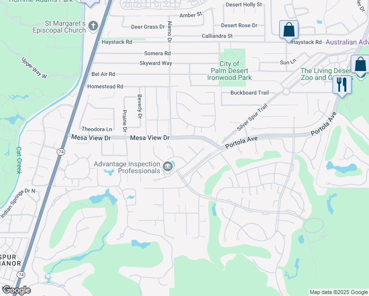 map of restaurants, bars, coffee shops, grocery stores, and more near 48634 Palo Verde Court in Palm Desert