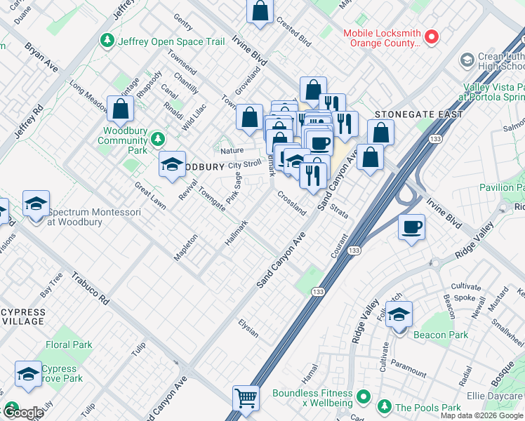map of restaurants, bars, coffee shops, grocery stores, and more near 307 Cantor in Irvine