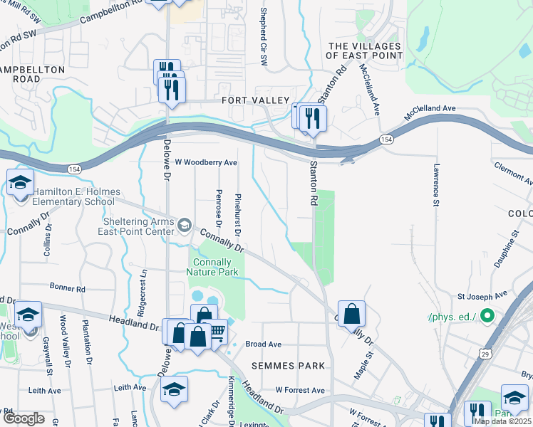 map of restaurants, bars, coffee shops, grocery stores, and more near 2212 Westover Drive in East Point
