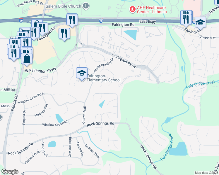 map of restaurants, bars, coffee shops, grocery stores, and more near 5672 Bradley Circle in Stonecrest