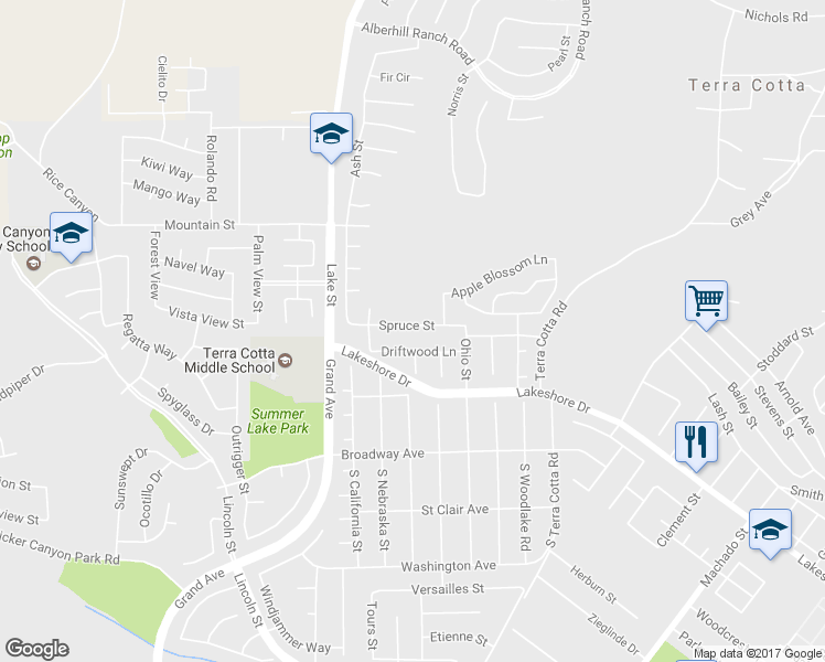 map of restaurants, bars, coffee shops, grocery stores, and more near 3329 Spruce Street in Lake Elsinore