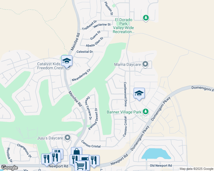 map of restaurants, bars, coffee shops, grocery stores, and more near 29291 Grande Vista Avenue in Menifee