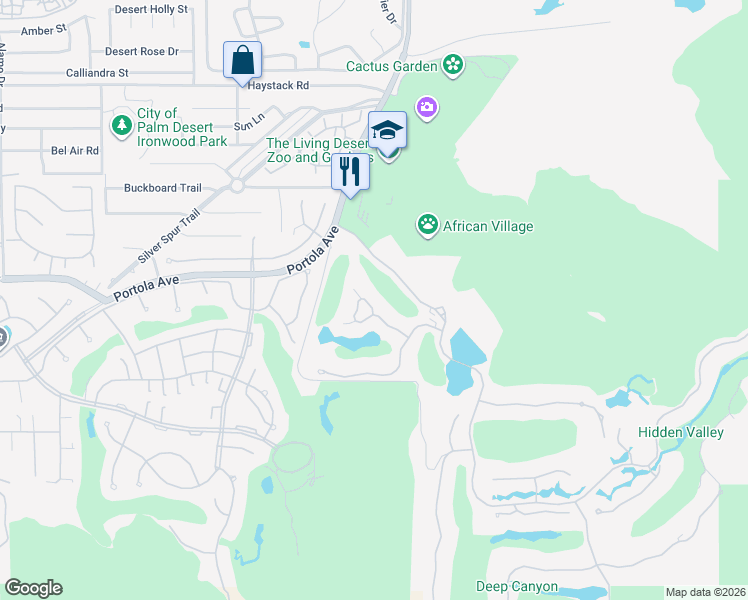 map of restaurants, bars, coffee shops, grocery stores, and more near 73890 Desert Garden in Palm Desert