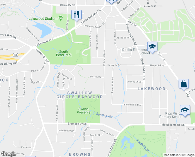 map of restaurants, bars, coffee shops, grocery stores, and more near 69 Schell Road Southeast in Atlanta