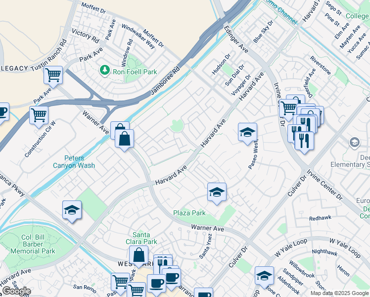 map of restaurants, bars, coffee shops, grocery stores, and more near 15555 Jasmine Place in Tustin