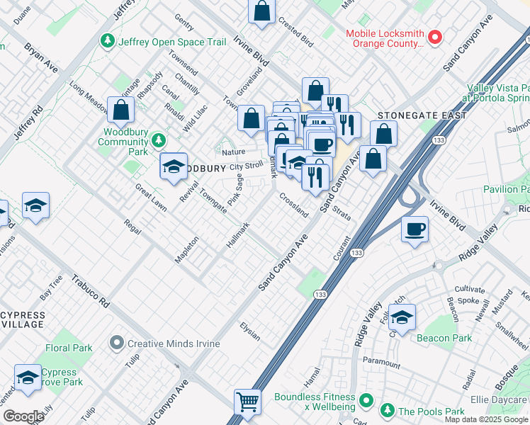 map of restaurants, bars, coffee shops, grocery stores, and more near 307 Cantor in Irvine