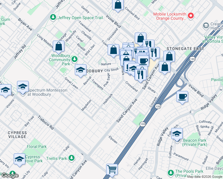 map of restaurants, bars, coffee shops, grocery stores, and more near 115 Towngate in Irvine