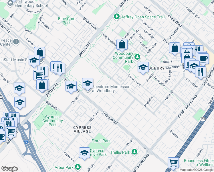 map of restaurants, bars, coffee shops, grocery stores, and more near 59 Waterspout in Irvine