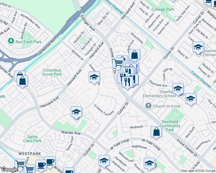 map of restaurants, bars, coffee shops, grocery stores, and more near 18 Ghiberti in Irvine