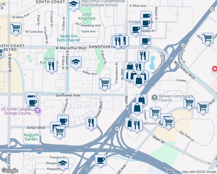 map of restaurants, bars, coffee shops, grocery stores, and more near 306 West Stevens Avenue in Santa Ana