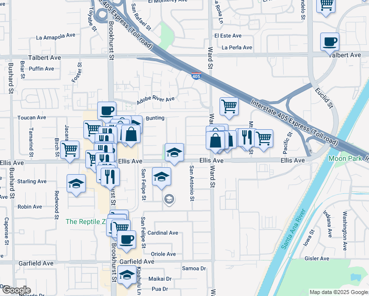 map of restaurants, bars, coffee shops, grocery stores, and more near 10388 Placer River Avenue in Fountain Valley
