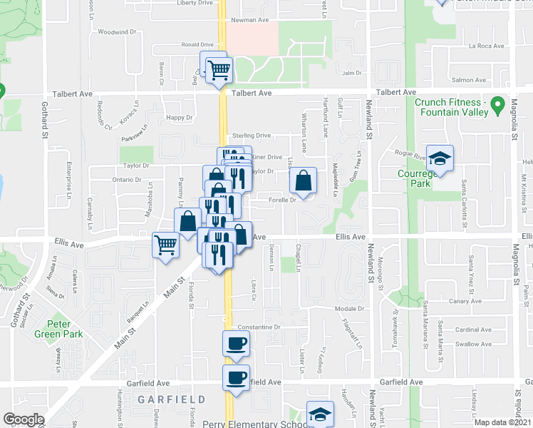 map of restaurants, bars, coffee shops, grocery stores, and more near 8092 La Palma Drive in Huntington Beach