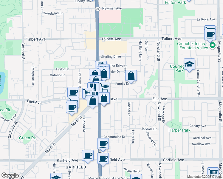 map of restaurants, bars, coffee shops, grocery stores, and more near 8092 La Palma Drive in Huntington Beach