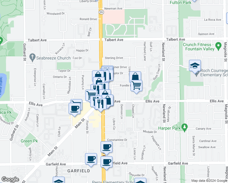 map of restaurants, bars, coffee shops, grocery stores, and more near 8092 La Palma Drive in Huntington Beach