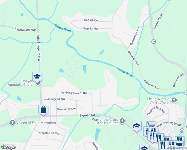 map of restaurants, bars, coffee shops, grocery stores, and more near 1776 Old Camp Trail Northwest in Conyers