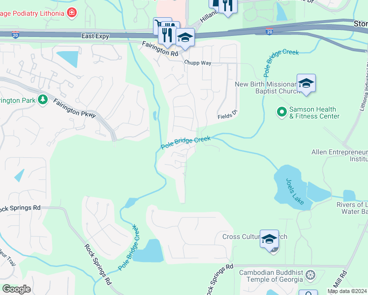 map of restaurants, bars, coffee shops, grocery stores, and more near 5304 Par 4 Way in Stonecrest