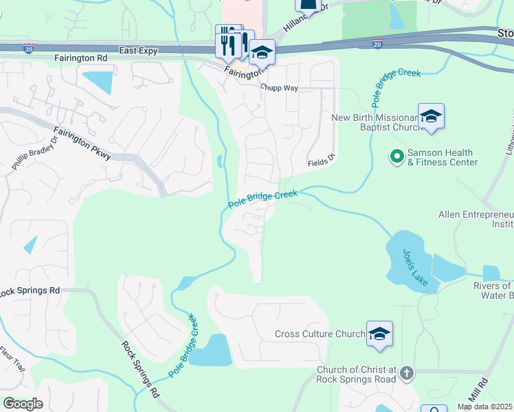 map of restaurants, bars, coffee shops, grocery stores, and more near 5304 Par 4 Way in Stonecrest