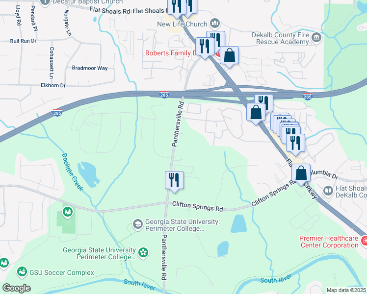 map of restaurants, bars, coffee shops, grocery stores, and more near in DeKalb County