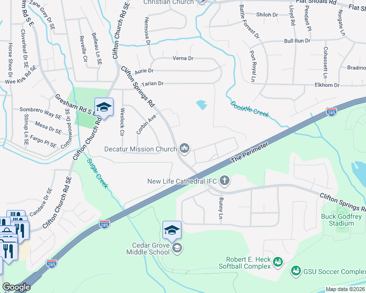 map of restaurants, bars, coffee shops, grocery stores, and more near 2411 Clifton Springs Road in Decatur