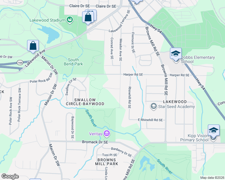 map of restaurants, bars, coffee shops, grocery stores, and more near 2187 Meador Avenue Southeast in Atlanta