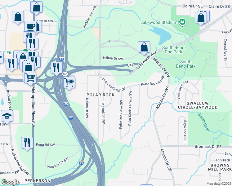 map of restaurants, bars, coffee shops, grocery stores, and more near 2197 Polar Rock Avenue Southwest in Atlanta