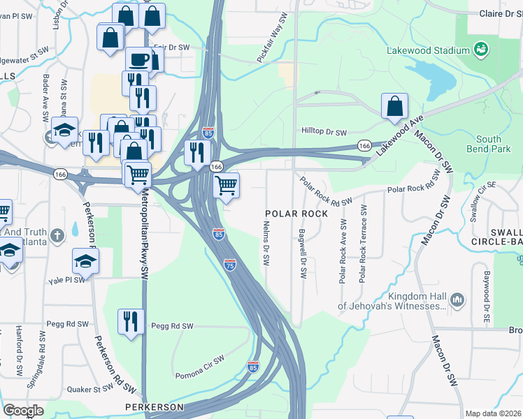 map of restaurants, bars, coffee shops, grocery stores, and more near 2173 Nelms Drive Southwest in Atlanta