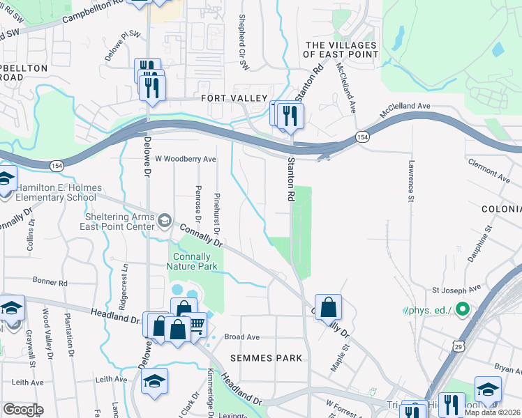 map of restaurants, bars, coffee shops, grocery stores, and more near 2186 Pointview Drive in East Point