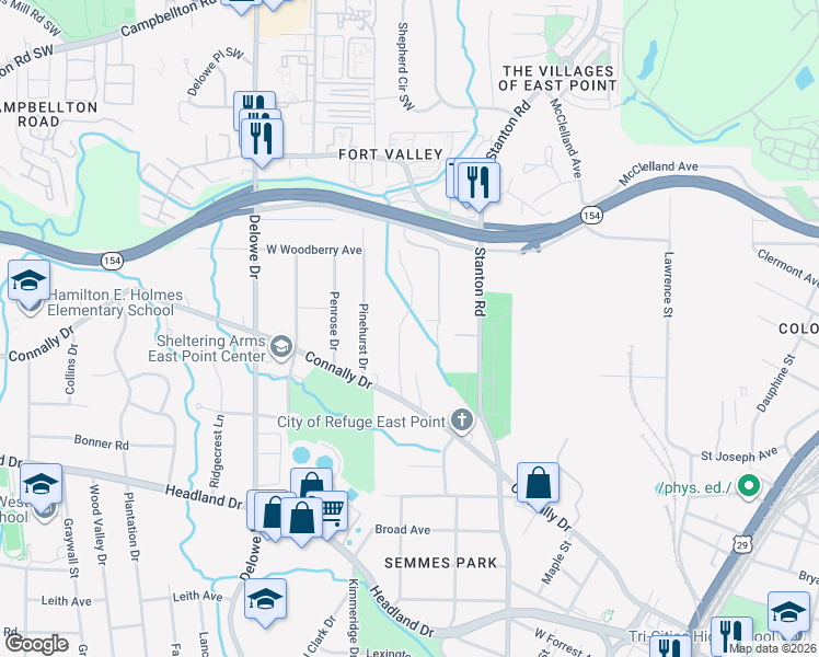 map of restaurants, bars, coffee shops, grocery stores, and more near 2190 Westover Drive in East Point
