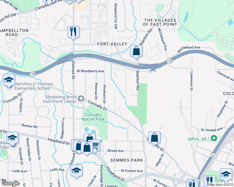 map of restaurants, bars, coffee shops, grocery stores, and more near 2212 Westover Drive in East Point