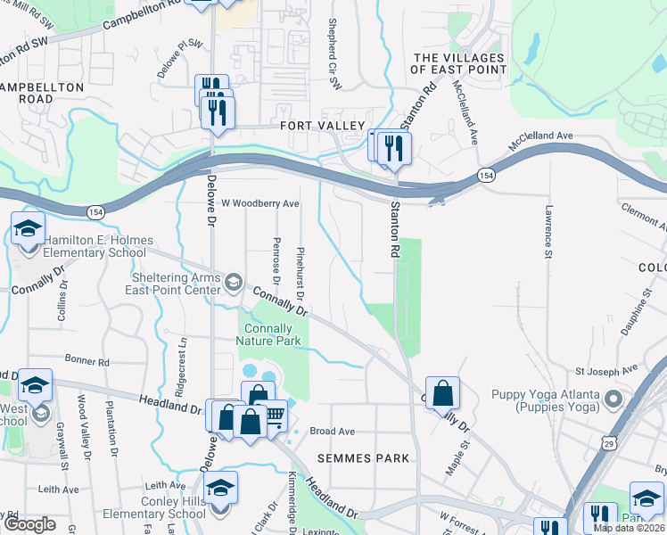 map of restaurants, bars, coffee shops, grocery stores, and more near 2212 Westover Drive in East Point
