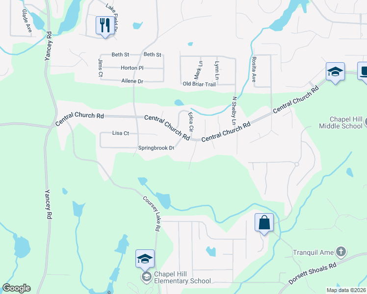 map of restaurants, bars, coffee shops, grocery stores, and more near 4048 Springbrook Drive in Douglasville