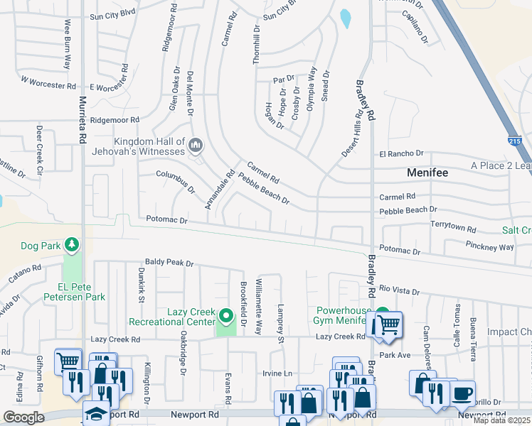 map of restaurants, bars, coffee shops, grocery stores, and more near 26661 Braddock Road in Menifee