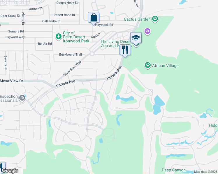 map of restaurants, bars, coffee shops, grocery stores, and more near 48819 Mescal Lane in Palm Desert