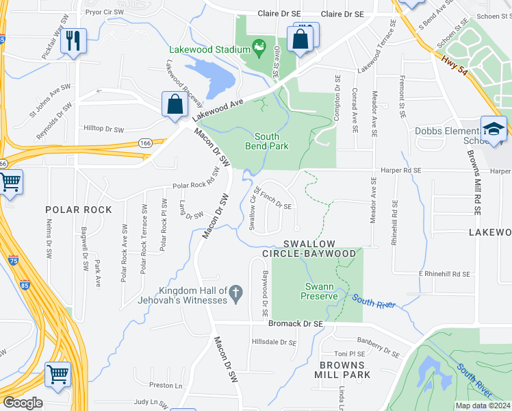 map of restaurants, bars, coffee shops, grocery stores, and more near 2325 Swallow Circle Southeast in Atlanta
