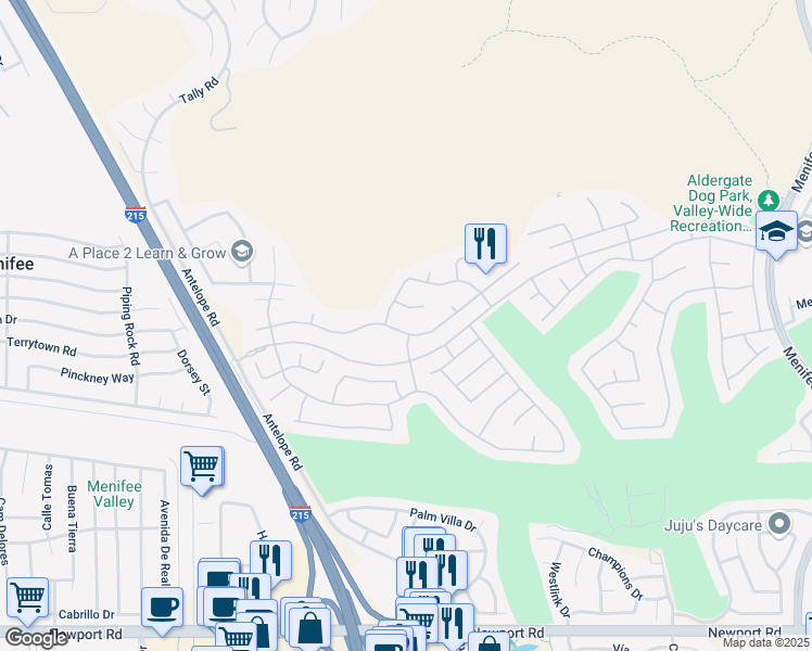 map of restaurants, bars, coffee shops, grocery stores, and more near 29351 Quaking Aspen in Menifee