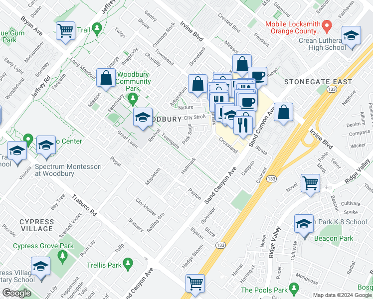map of restaurants, bars, coffee shops, grocery stores, and more near 103 Towngate in Irvine