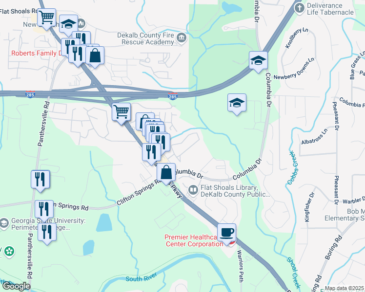 map of restaurants, bars, coffee shops, grocery stores, and more near 2787 Vining Ridge Terrace in Decatur