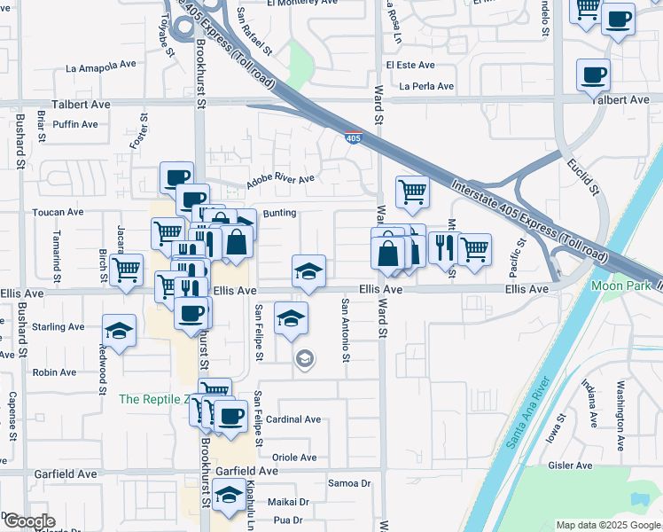 map of restaurants, bars, coffee shops, grocery stores, and more near 10388 Placer River Avenue in Fountain Valley