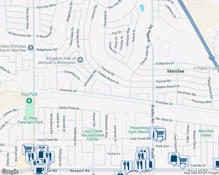 map of restaurants, bars, coffee shops, grocery stores, and more near 26661 Braddock Road in Menifee