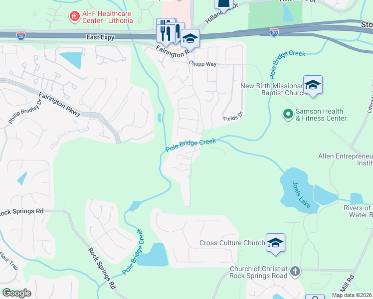 map of restaurants, bars, coffee shops, grocery stores, and more near 5304 Par 4 Way in Stonecrest