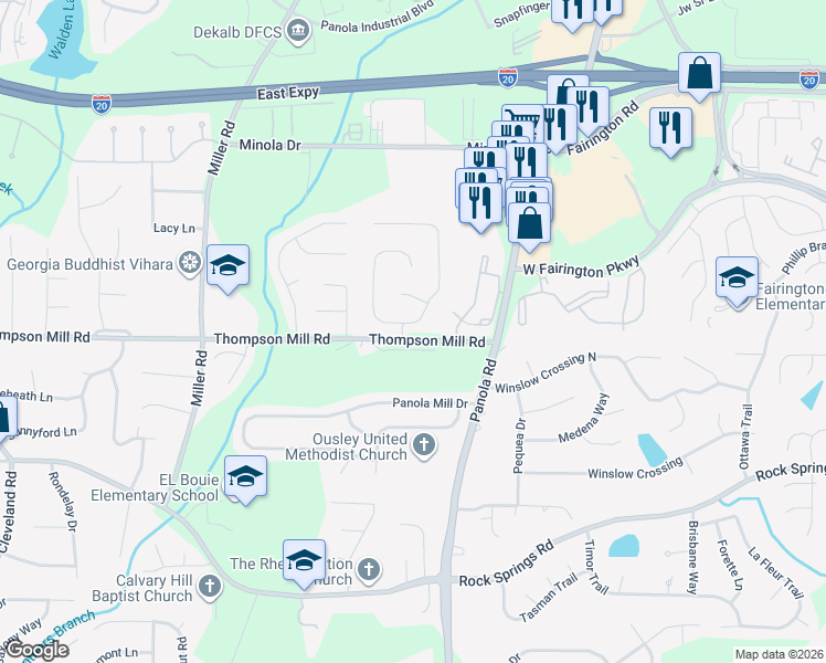 map of restaurants, bars, coffee shops, grocery stores, and more near 5239 Winding Glen Drive in Stonecrest