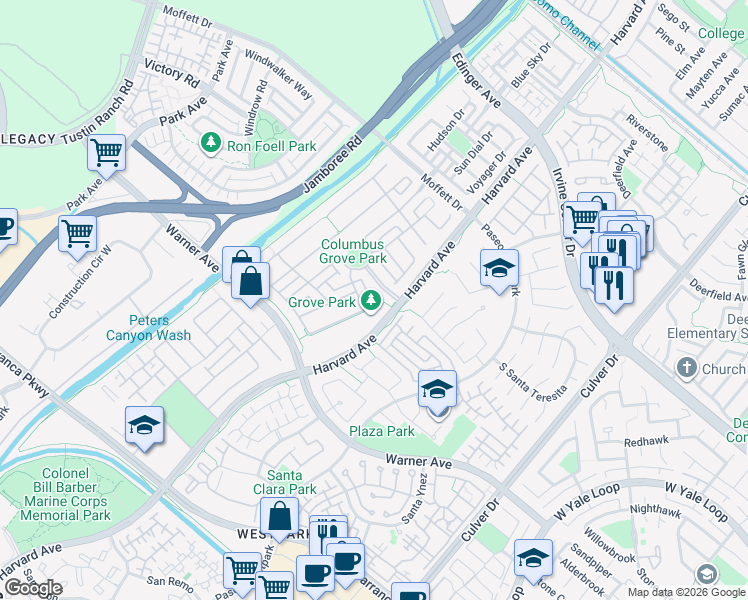 map of restaurants, bars, coffee shops, grocery stores, and more near 15561 Jasmine Place in Tustin