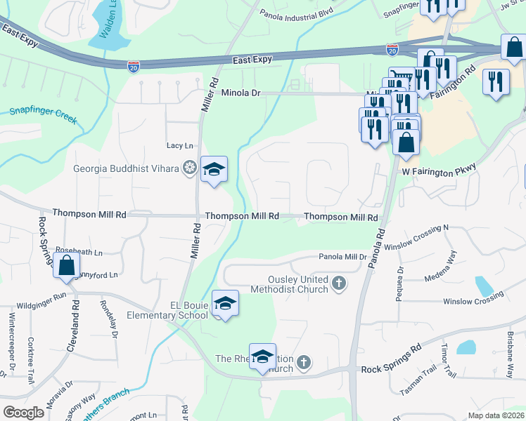 map of restaurants, bars, coffee shops, grocery stores, and more near 3060 Winding Grove Drive in Stonecrest