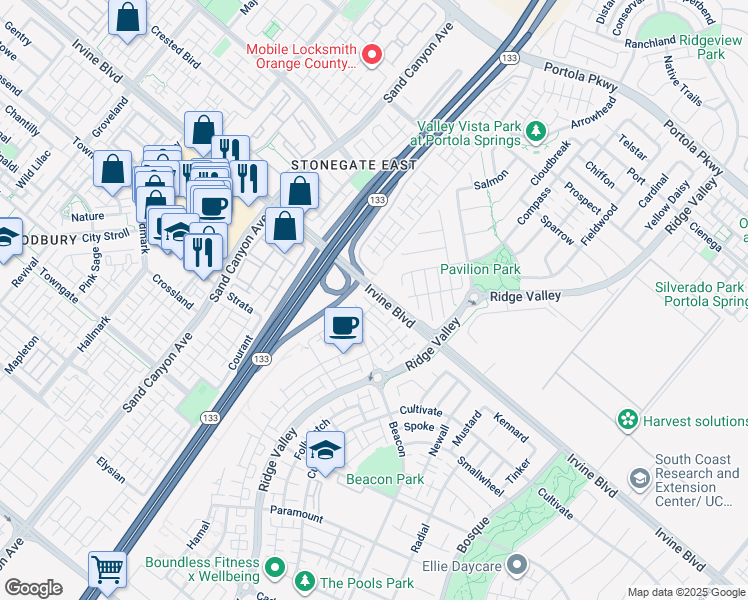 map of restaurants, bars, coffee shops, grocery stores, and more near 104 Fable in Irvine