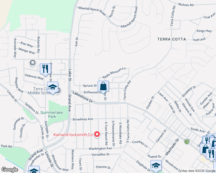 map of restaurants, bars, coffee shops, grocery stores, and more near 3432 Harrison Avenue in Lake Elsinore