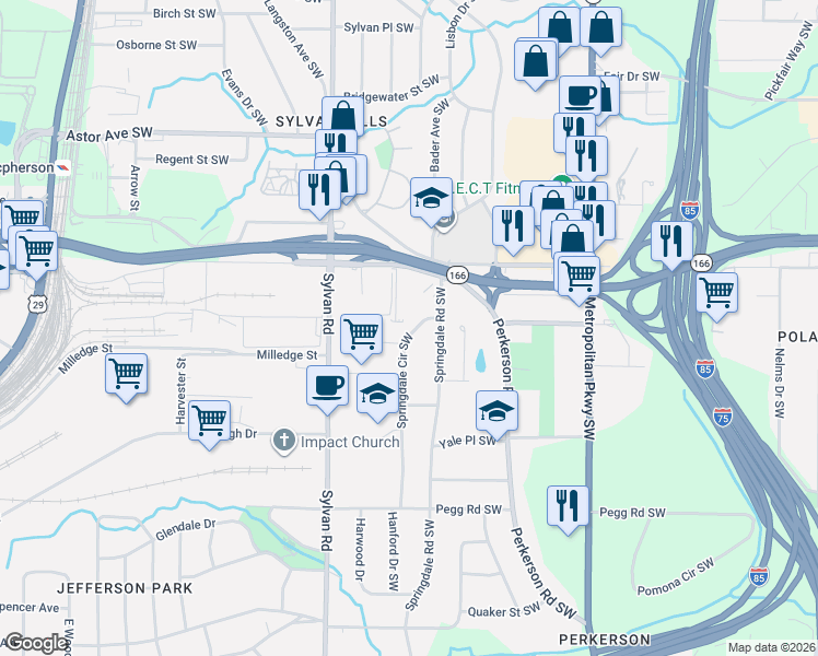 map of restaurants, bars, coffee shops, grocery stores, and more near 2201 Millirons Avenue in Atlanta